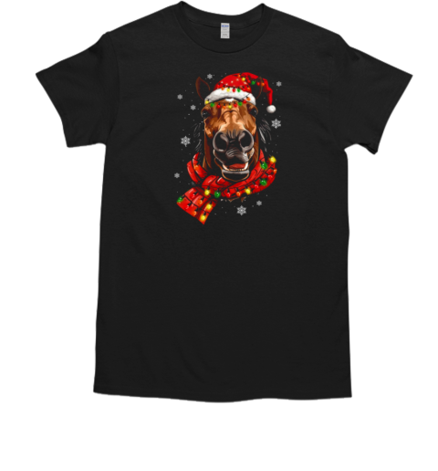 Funny Horse Face With Scarf And Christmas Hat T-Shirt