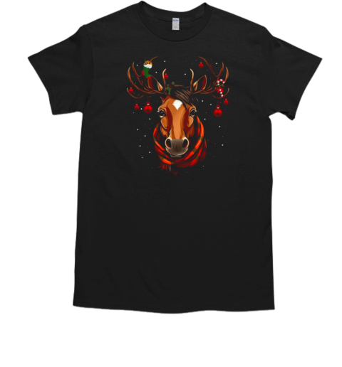 Horse Face With Reindeer Horn Christmas Horse T-Shirt