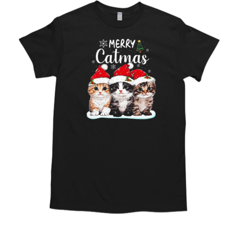 Merry Catmas Three Cats With Santa Hats Cute Christmas Cat T-Shirt