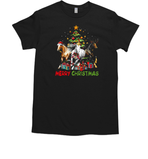 Merry Christmas Three Horses Around Christmas Tree T-Shirt