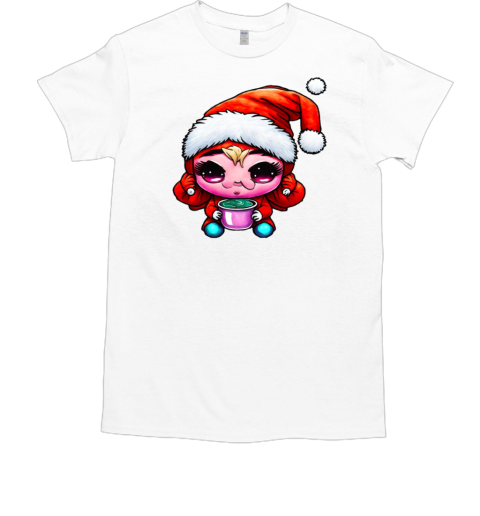 Cartoon character wearing santa claus hat and drinking coffee T-Shirt