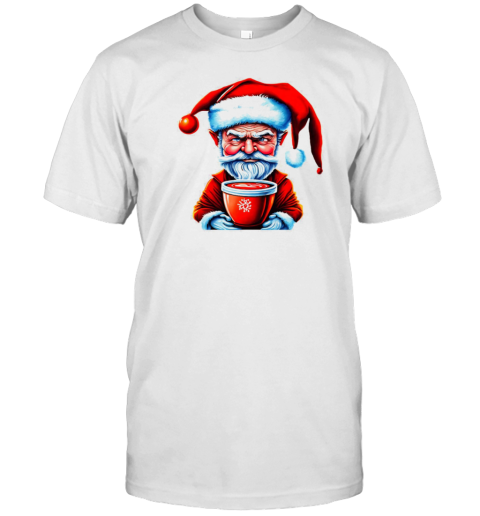 Black and white drawing of Santa Claus holding an iced coffee cup T-Shirt