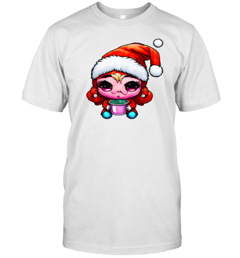 Cartoon character wearing santa claus hat and drinking coffee T-Shirt