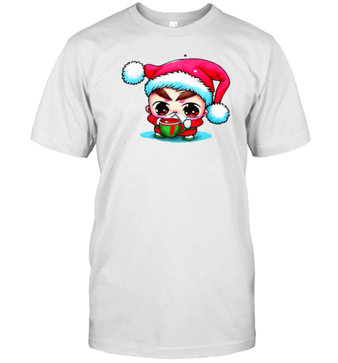 Cartoon Character Wearing Santa Claus Hat Drinking Iced Coffee T-Shirt