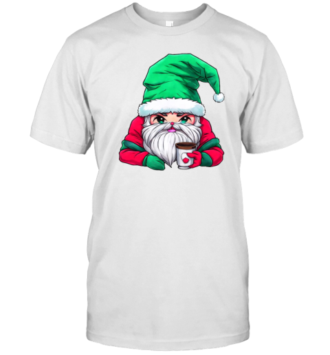 Cartoon Santa Claus with Merry Christmas Hat Holding Iced Coffee T-Shirt