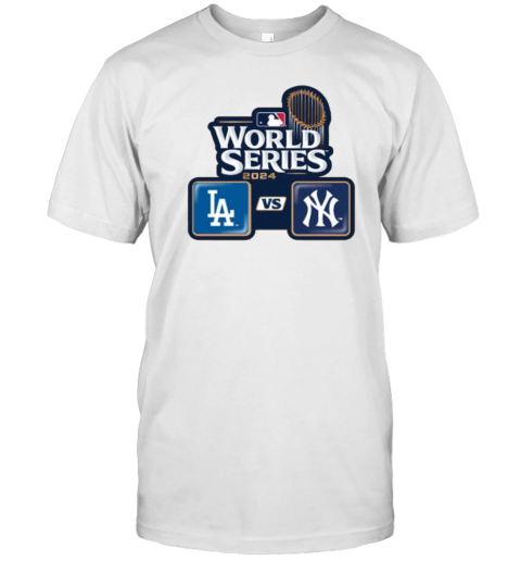 Los Angeles Dodgers vs. New York Yankees Dueling 2024 World Series Lapel Logo T-Shirt