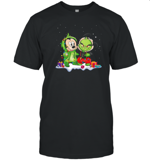 Mickey Mouse And Grinch With Fairy Lights for Christmas T-Shirt