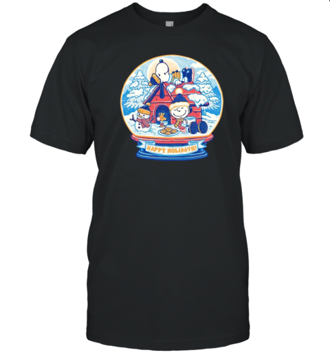 Peanuts a snowy winter scene with Charlie Brown Snoopy and Woodstock holiday snow globe T-Shirt