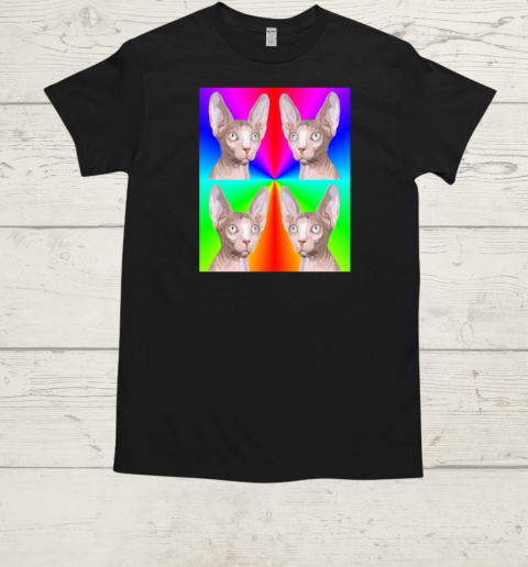 Multiple Rainbow Pop Art Sphynx Cat Faces T-Shirt