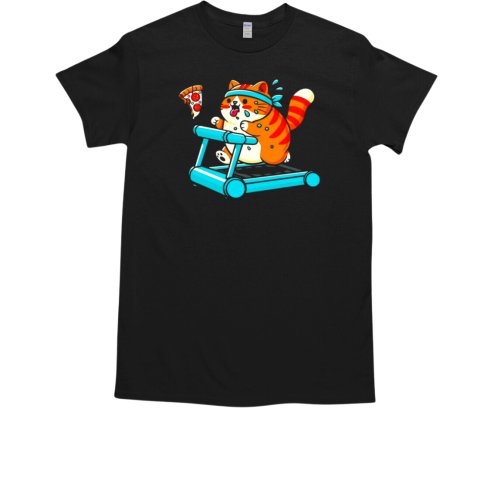 Chonky cat on a treadmill chasing dreams and pizza slices T-Shirt