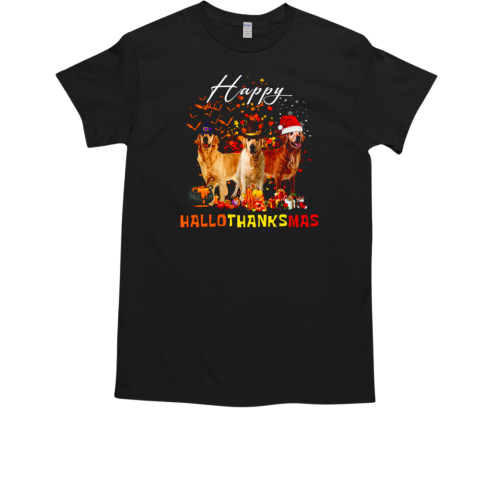 Happy HalloThanksMas Golden Retriever Halloween Thanksgiving Christmas  Classic Men's T-shirt