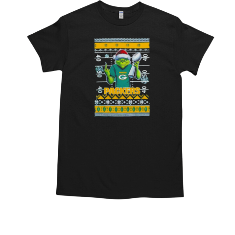 Green Bay Packers X Grinch Christmas with Super Bowl Trophy ugly Christmas T-Shirt