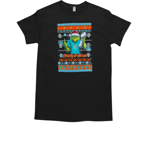 Miami Dolphins X Grinch Christmas with Super Bowl Trophy ugly Christmas T-Shirt