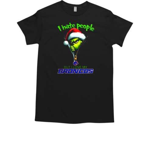 Grinch Santa Hat I Hate People But I Love My Boise State Broncos Christmas Logo T-Shirt