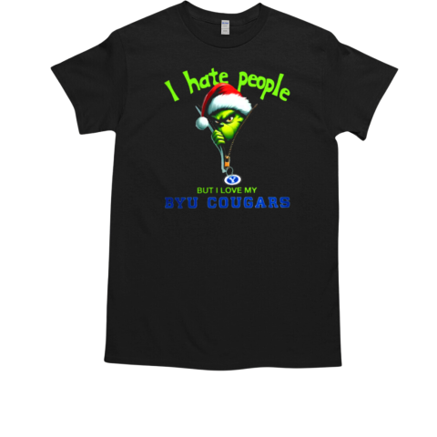 Grinch Santa Hat I Hate People But I Love My BYU Cougars Christmas Logo T-Shirt