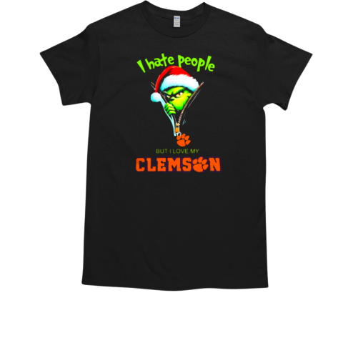 Grinch Santa Hat I Hate People But I Love My Clemson Tigers Christmas Logo T-Shirt