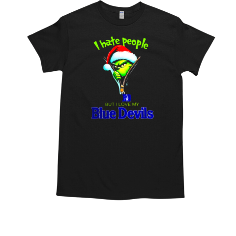 Grinch Santa Hat I Hate People But I Love My Duke Blue Devils Christmas Logo T-Shirt