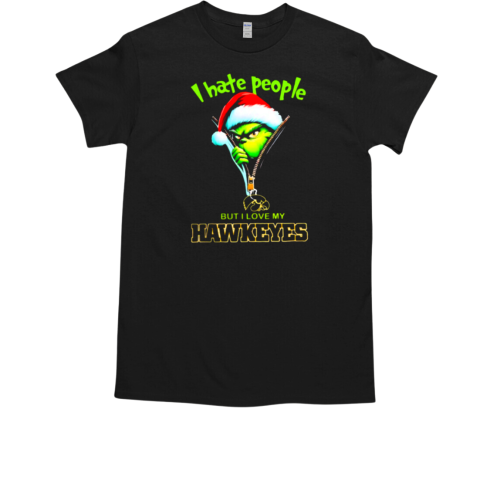 Grinch Santa Hat I Hate People But I Love My Iowa Hawkeyes Christmas Logo T-Shirt