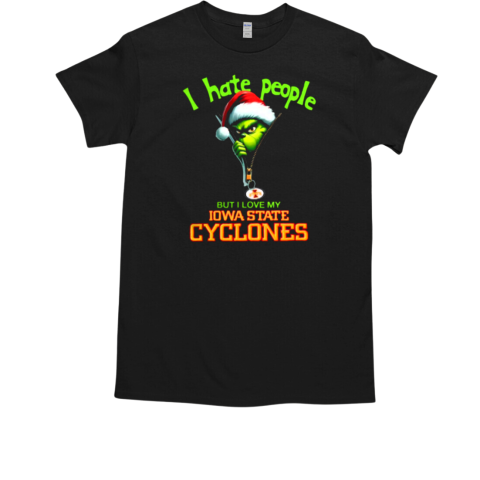 Grinch Santa Hat I Hate People But I Love My Iowa State Cyclones Christmas Logo T-Shirt