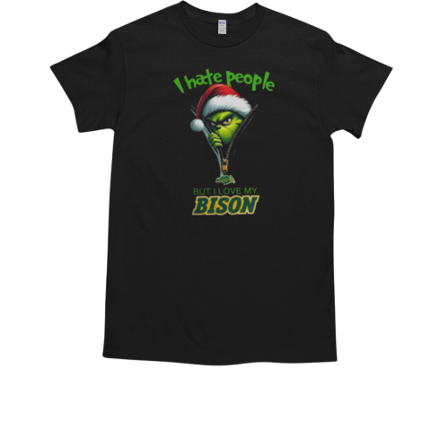 Grinch Santa Hat I Hate People But I Love My North Dakota State Bison Christmas Logo T-Shirt