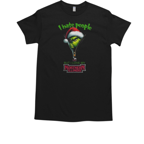 Grinch Santa Hat I Hate People But I Love My Northern Illinois Huskies Christmas Logo T-Shirt