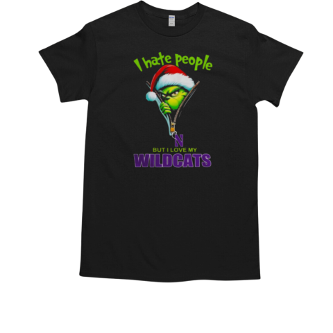 Grinch Santa Hat I Hate People But I Love My Northwestern Wildcats Christmas Logo T-Shirt