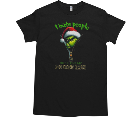 Grinch Santa Hat I Hate People But I Love My Notre Dame Fighting Irish Christmas Logo T-Shirt