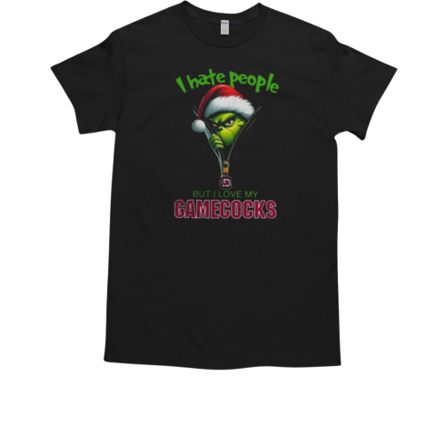 Grinch Santa Hat I Hate People But I Love My South Carolina Gamecocks Christmas Logo T-Shirt