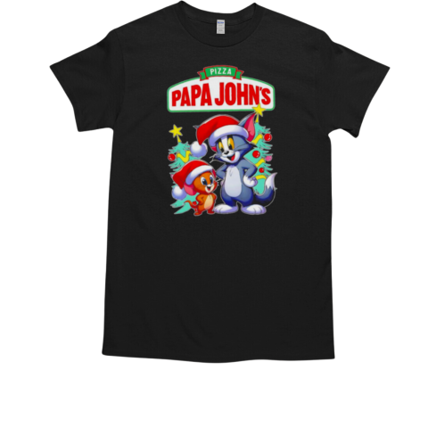 Pizza Papa John's Tom and Jerry Santa hat Merry Christmas T-Shirt