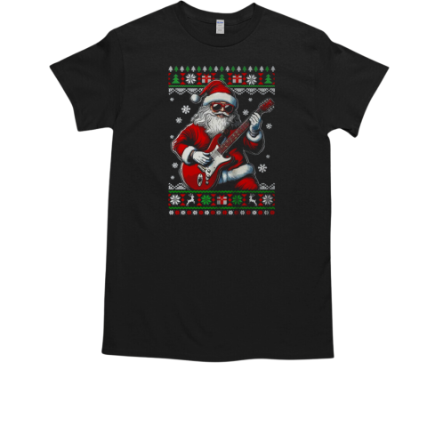 Santa Claus Playing Guitar Musician Guitarist Ugly Christmas T-Shirt