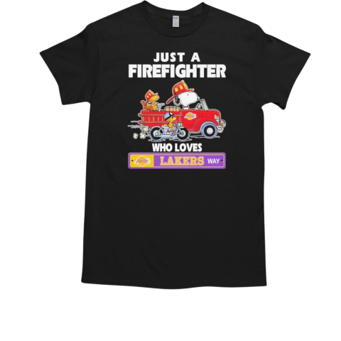 Snoopy And Woodstock Driving Car Motor Just A Firefighter Who Loves Los Angeles Lakers T-Shirt