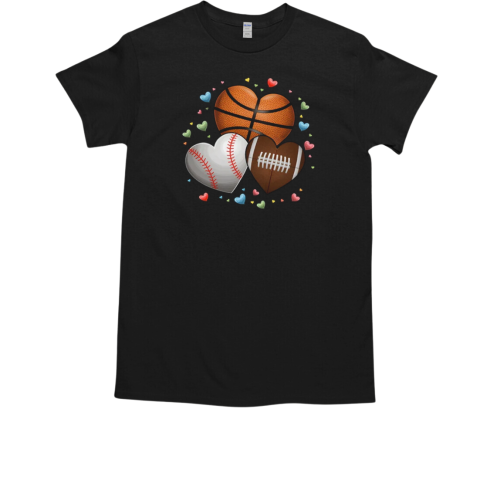 Heart Football Basketball Baseball Valentines Day Boys Mens T-Shirt